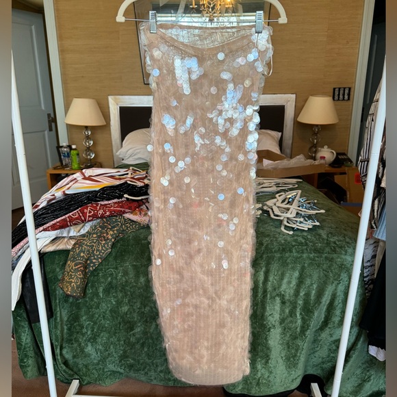 Pale Pink/Cream Sequin Form Fitting Midi Tube Dress - Picture 1 of 2